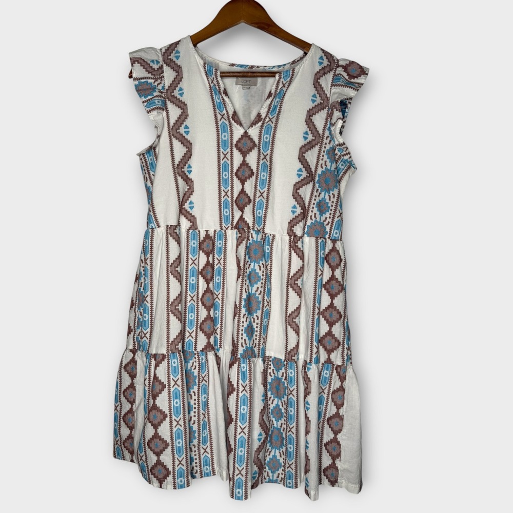 Ann Taylor Loft Southwestern Aztec Pattern Boho Midi Dress Ruffle Sleeve Medium
